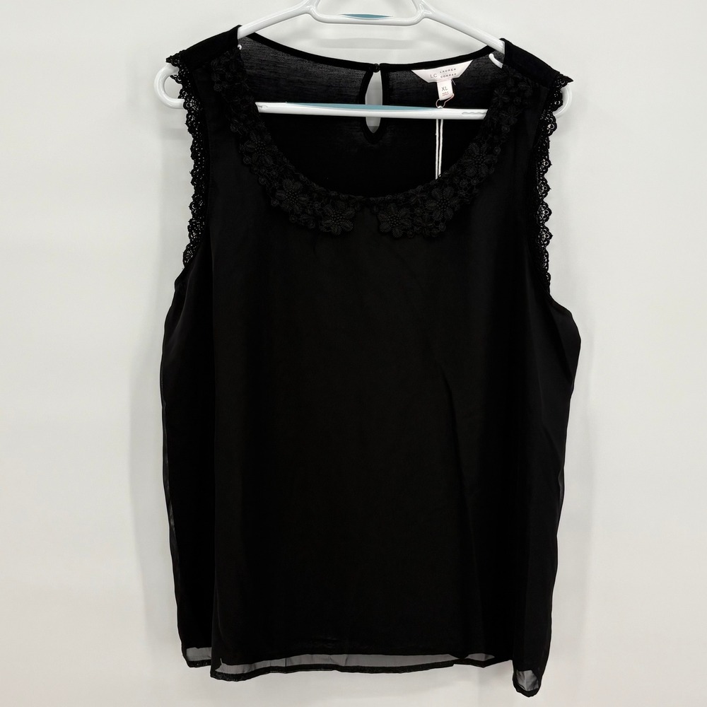 LC Lauren Conrad Black Sleeveless Top Floral Crochet Collar Lace Trim XL New